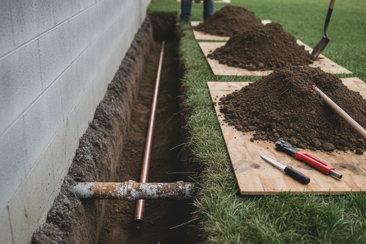 Excavated water line trench during Water Heater Repair in Sudlersville
